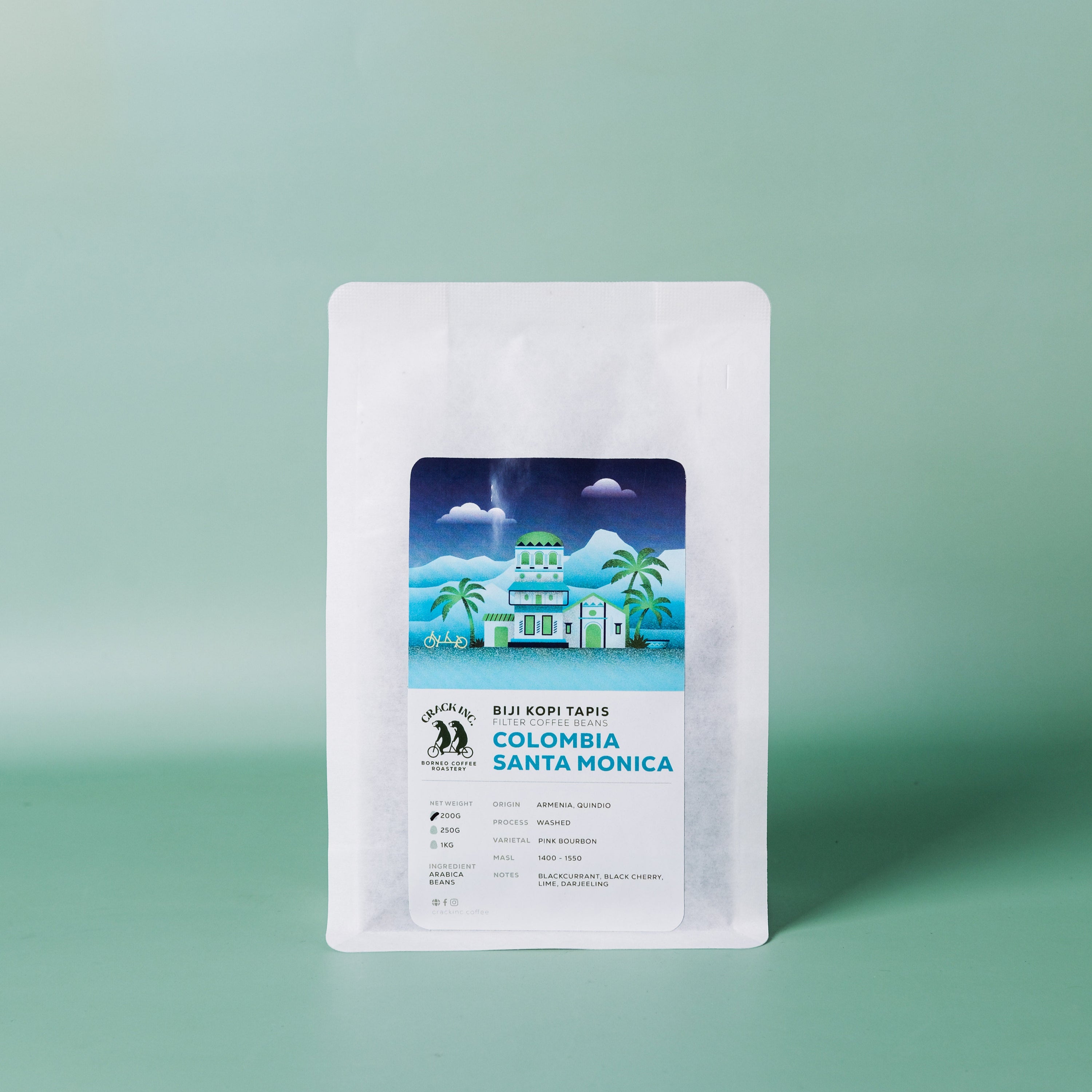 Crack Inc. Coffee bag labeled 'Colombia Santa Monica'